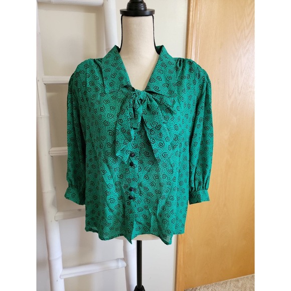 Vintage 80s Josephine Swirl Black and Green Tie Blouse Sz 12 - Picture 1 of 5